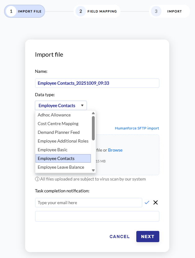 File Import popup in integration central with Employee Contacts preselected in the drop-down for reader's context