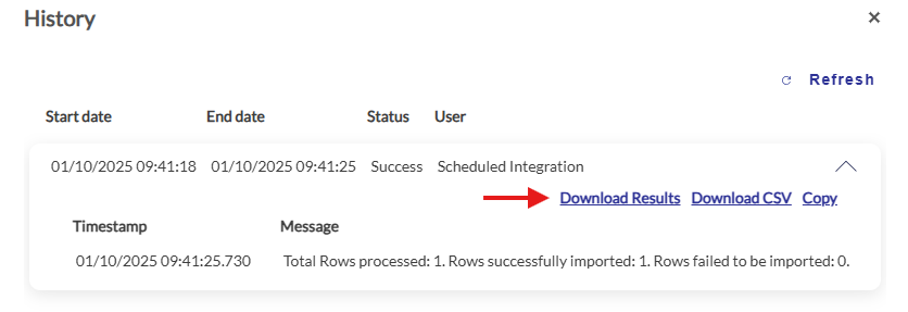 Indicating where the Upload Results Log can be downloaded from for readers.